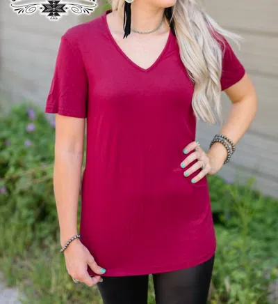 Crazy Train Forever Fave Solid Short Sleeve V-neck Top In Maroon In Red