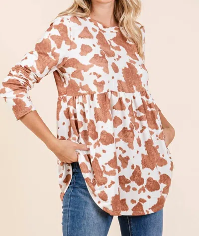 Cream N Sugar Cow Print Babydoll Top In Caramel In Brown