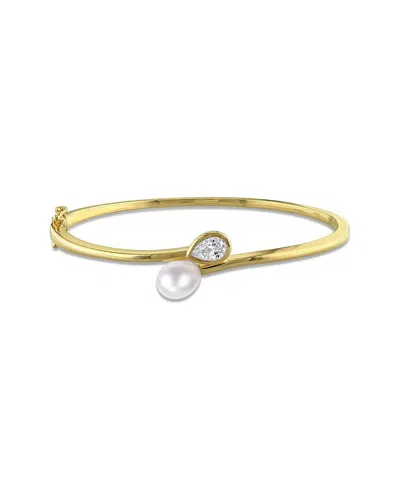 Created Forever 0.70 Ct. Tw. Lab-grown Diamond & 7-7.5mm Pearl Plated Silver  Bracelet In Gold