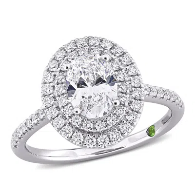 Created Forever 1 1/2ct Tdw Oval Lab-created Diamond And Tsavorite Accent Halo Engagement Ring In 14 In White