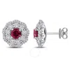 Created Forever 1 1/3ct Tgw Created Ruby And 1 3/5ct Tw Lab-grown Diamond Floral Halo Stud Earrings In White