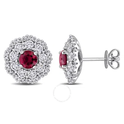 Created Forever 1 1/3ct Tgw Created Ruby And 1 3/5ct Tw Lab-grown Diamond Floral Halo Stud Earrings In White