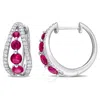 Created Forever 1 3/4ct Tgw Created Ruby And 1/2ct Lab-grown Tw Diamond Hoop Earrings In 14k White Gold In White
