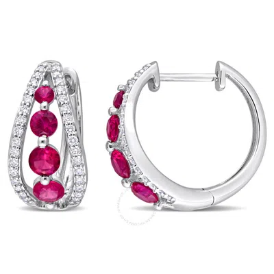 CREATED FOREVER CREATED FOREVER 1 3/4CT TGW CREATED RUBY AND 1/2CT LAB-GROWN TW DIAMOND HOOP EARRINGS IN 14K WHITE G