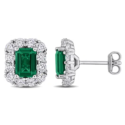 Created Forever 1 4/5ct Tgw Created Emerald And 1 1/3ct Tw Lab-grown Diamond Halo Stud Earrings In S In ["white"]