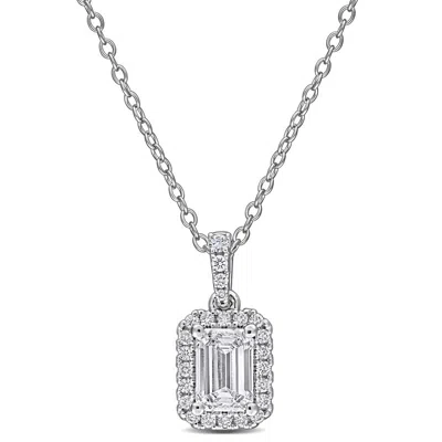 Created Forever 1 Ct Tgw Emerald And Round-cut Lab-grown Diamond Halo Pendant With Chain In Sterling In Transparent