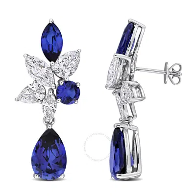 Created Forever 12 1/2ct Tgw Created Blue Sapphire And 4 1/2ct Tw Lab-grown Diamond Cluster Drop Ear In White