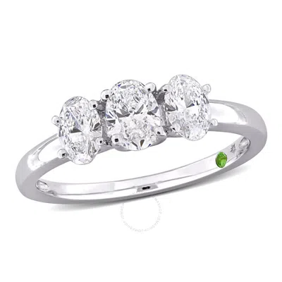 Created Forever 1ct Tdw Oval Lab-created Diamond And Tsavorite Accent 3-stone Ring In 14k White Gold In Metallic