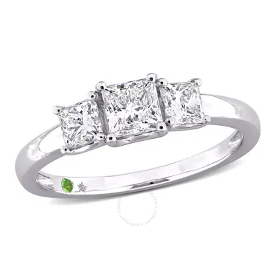 Created Forever 1ct Tdw Princess-cut Lab-created Diamond And Tsavorite Accent Three-stone Ring In 14 In White