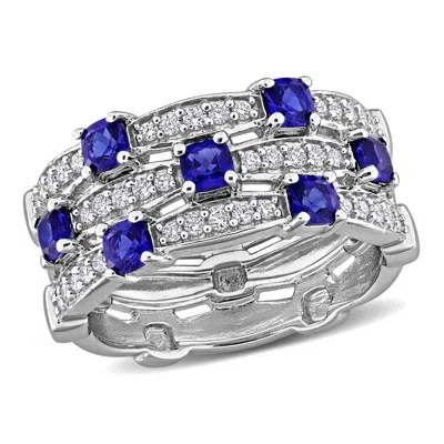 Created Forever 1ct Tgw Created Blue Sapphire And 1/3ct Tw Lab-grown Diamond 3-row Semi-eternity Rin In Metallic