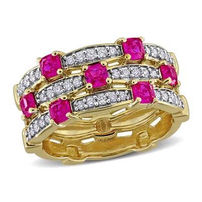 Created Forever 1ct Tgw Created Ruby And 1/3ct Tw Lab-grown Diamond 3-row Semi-eternity Ring In Yell In Gold