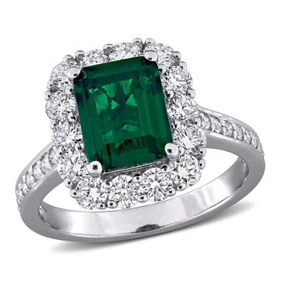 Created Forever 2 1/3ct Tgw Created Emerald And 1 1/6ct Tw Lab-grown Diamond Halo Ring In Sterling S In Green