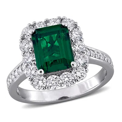 Created Forever 2 1/3ct Tgw Created Emerald And 1 1/6ct Tw Lab-grown Diamond Halo Ring In Sterling S In ["white"]
