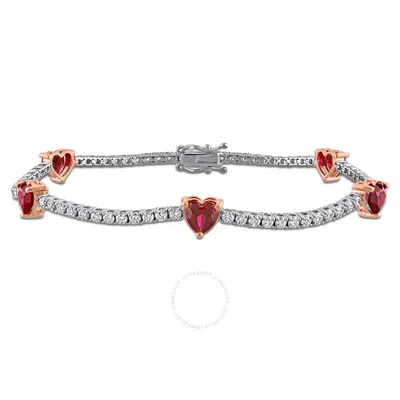 Created Forever 2 7/8ct Tgw Heart-shape Created Ruby And 1 5/8ct Tw Lab-grown Diamond Tennis Bracele In Metallic