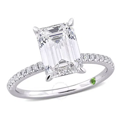 Created Forever 3 1/10ct Tdw Emerald-cut Lab-created Diamond And Tsavorite Accent Engagement Ring In In Metallic