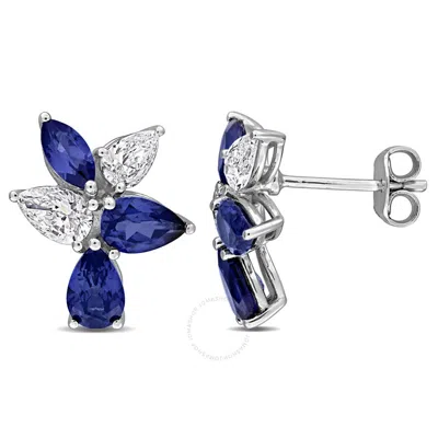 Created Forever 3 3/4ct Tgw Created Blue Sapphire And 1ct Tw Lab-grown Diamond Cluster Earrings In 1 In White