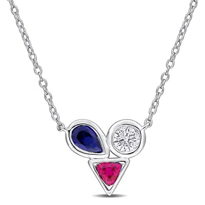 Created Forever 3/4ct Tgw Created Ruby Created Blue Sapphire 1/3ct Tw Lab-grown Diamond Necklace In