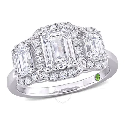 Created Forever 3ct Tdw Emerald-cut Lab-created Diamond And Tsavorite Accent 3-stone Ring In 14k Whi In White