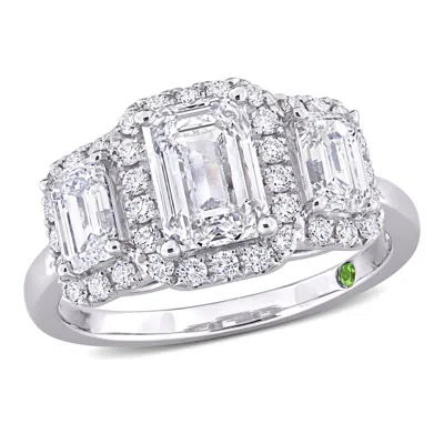 Created Forever 3ct Tdw Emerald-cut Lab-created Diamond And Tsavorite Accent 3-stone Ring In 14k Whi In ["white"]