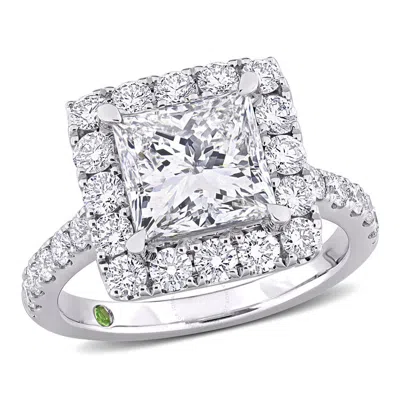 Created Forever 4 1/3ct Tdw Princess-cut Lab-created Diamond And Tsavorite Accent Halo Engagement Ri In White