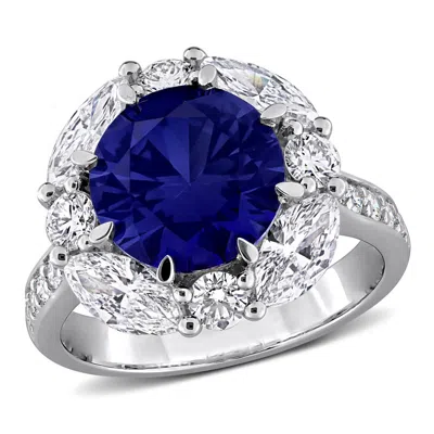Created Forever 4 3/4ct Tgw Created Blue Sapphire And 2ct Tw Lab Grown Diamond Halo Ring In Sterling In ["white"]