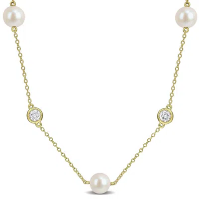 Created Forever 7-7.5mm Cultured Freshwater Pearl And 1 Ct Tw Lab-grown Diamond Station Necklace In  In Gold
