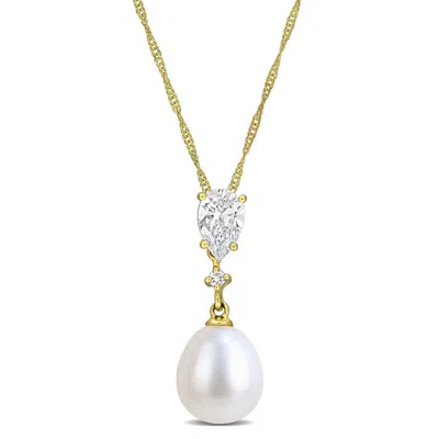Created Forever 8-8.5mm Cultured Freshwater Pearl And 1/2 Ct Tw Lab-grown Diamond Drop Pendant With  In Gold