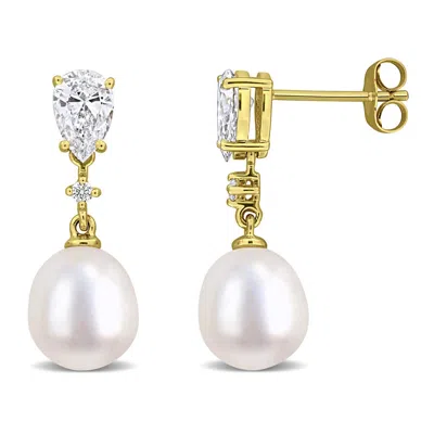 Created Forever 8-8.5mm Cultured Freshwater Pearl And 1ct Tw Lab-grown Diamond Drop Earrings In 14k  In ["yellow"]