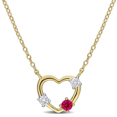 Created Forever Mimi & Max 1/7ct Tdw Lab Grown Diamond Created Ruby Heart Necklace Yellow Silver In Gold