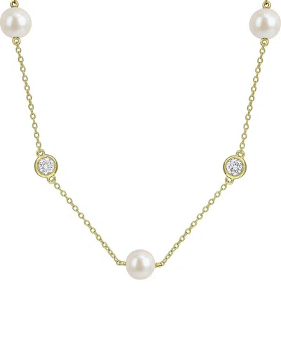 Created Forever Silver 1.00 Ct. Tw. Lab-grown Diamond & 7-7.5 Mm Pearl Station  Necklace In Red