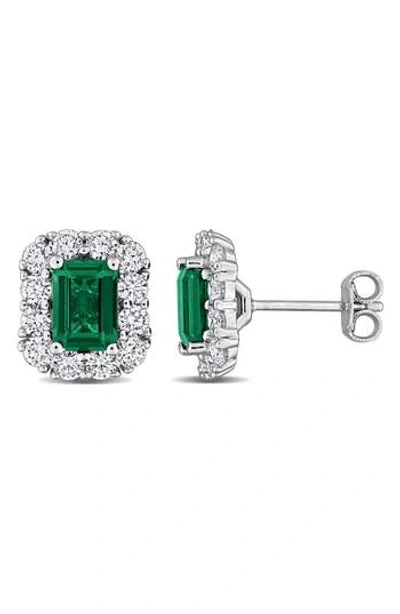 Created Forever Sterling Silver Emerald Cut Lab Grown Diamond Halo Stud Earrings In Metallic