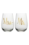 Creative Brands Mr & Mrs Stemless Set Of 2 Wine Glasses In Transparent