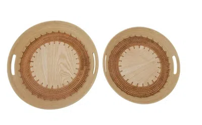Creative Co-op Large Boho Hand-woven Rattan And Oak Wood Tray In Brown