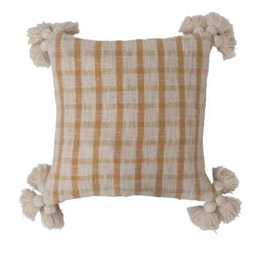 Creative Co-op Square Woven Cotton Slub Plaid Pillow With Tassels In Mustard/ Cream