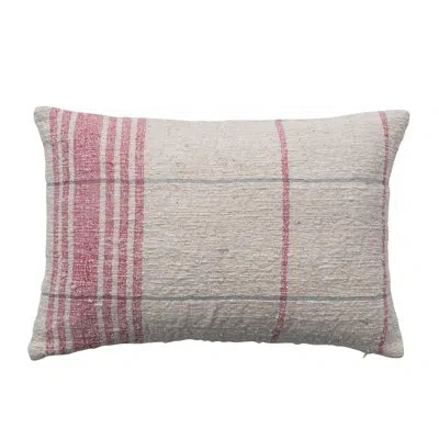 Creative Co-op 24 Inches Woven Cotton Slub Lumbar Pillow With Grid Pattern, Natural And Red