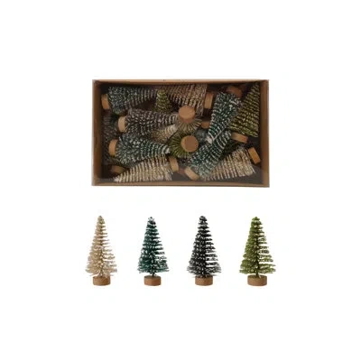 Creative Co-op 24-piece Plastic Bottle Brush Trees With Wood Bases In Cream;blue