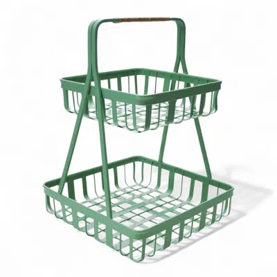 Creative Co-op 2-tier Metal Tray With Rattan Wrapped Handle In Mint Green