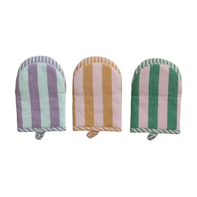 Creative Co-op 3-piece Woven Cotton Striped Oven Mitt Set In Multicolor