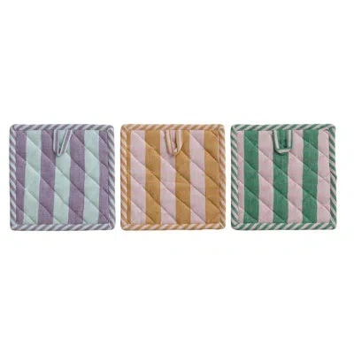 Creative Co-op 3-piece Woven Cotton Striped Pot Holder Set In Yellow