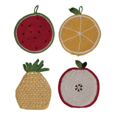 Creative Co-op 4-piece Cotton Crocheted Fruit Shaped Pot Holder Set In Multicolor
