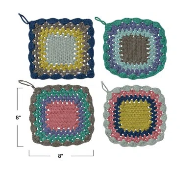 Creative Co-op 4-piece Cotton Crocheted Scalloped Pot Holder Set In Multicolor