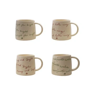 Creative Co-op 4-piece Stoneware Mug With Holiday Saying In Cream