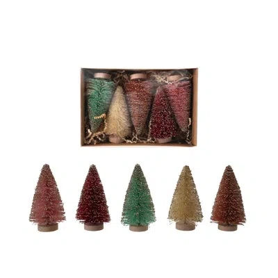 Creative Co-op 5-piece Sisal Bottle Brush Trees With Glitter And Wood Bases In Multicolor