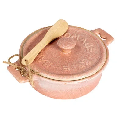 Creative Co-op 9 Inches Stoneware Brie Baker With Bamboo Canapé Spreader Knife And Reactive Glaze Design In Pink