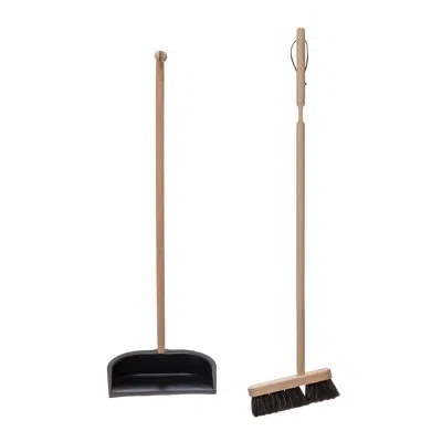 Creative Co-op Beech Wood Broom And Standing Metal Dust Pan Set, Natural And Black