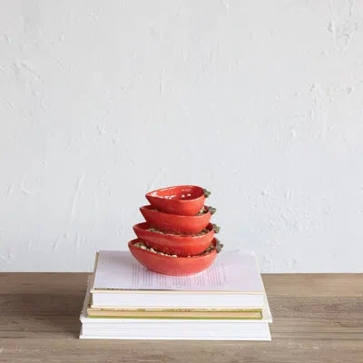 Creative Co-op Buttercup Hand-painted Strawberry Stoneware Measuring Cups, Red And White, Set Of 4