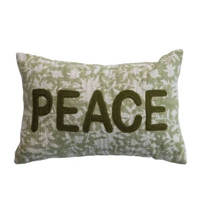 Creative Co-op Charming Cotton And Linen Block Printed Lumbar Pillow With Flowers And Kantha Stitch In Green;natural