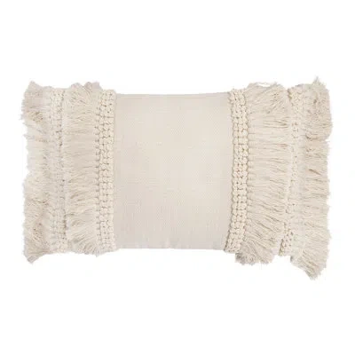 Creative Co-op Cotton And Chenille Woven Lumbar Pillow With Fringe In Cream