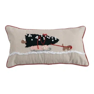 Creative Co-op Cotton & Linen Lumbar Pillow With Dog Pulling Sleigh In Multicolor