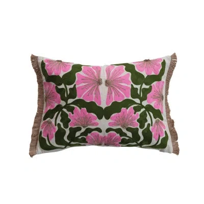 Creative Co-op Cotton & Linen Lumbar Pillow With Embroidered Flowers And Jute Eyelash Fringe In Multicolor
